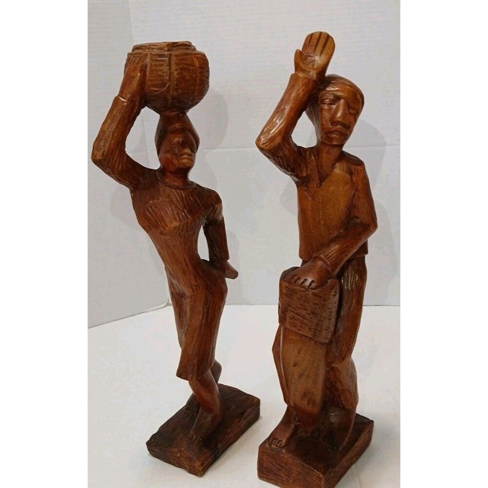 VTG PAIR 16" Hand Carved Wood Haitian/African Man Drumming & Woman Carrying Jug